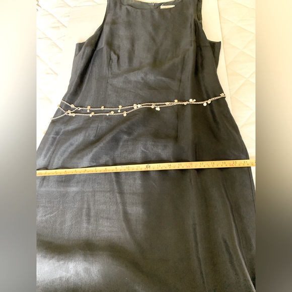 Black shiny linen midi prom party dress sleeveless silver metal chain belt US 10 - Picture 14 of 16